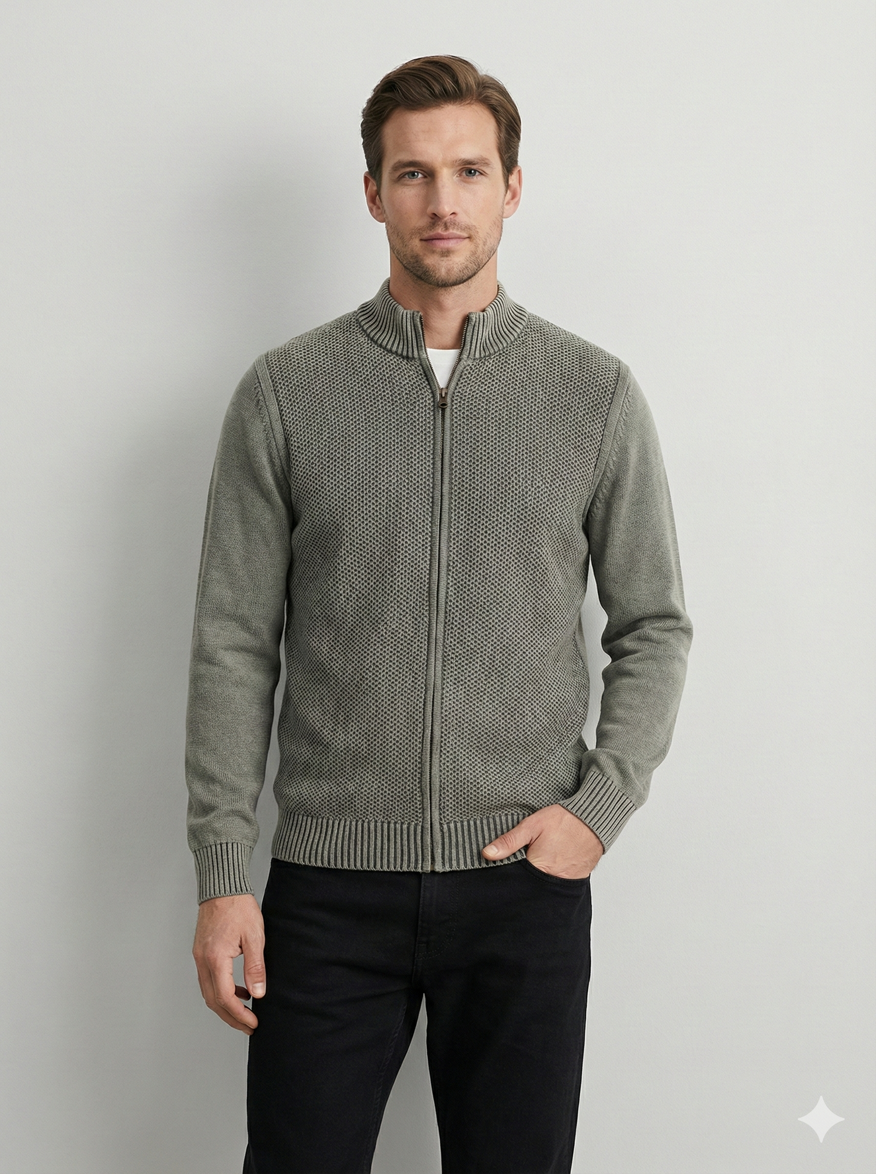 Stone wash jacquard zipper sweater H005