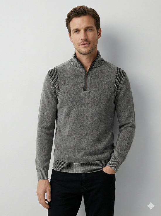 Stone wash jacquard zipper sweater H001
