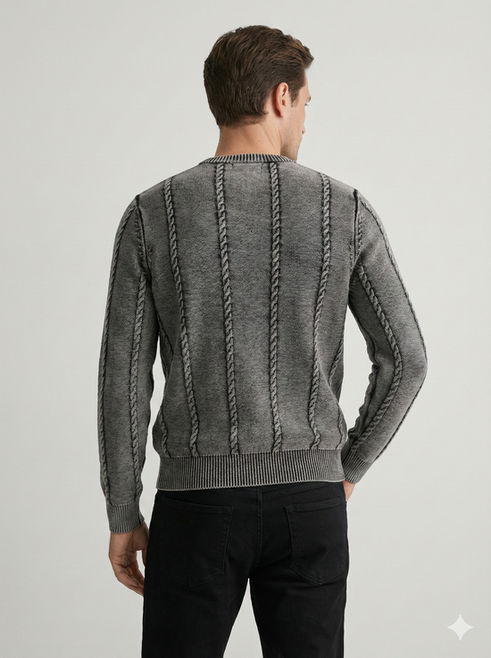 Stone wash jacquard crew-neck sweater H007