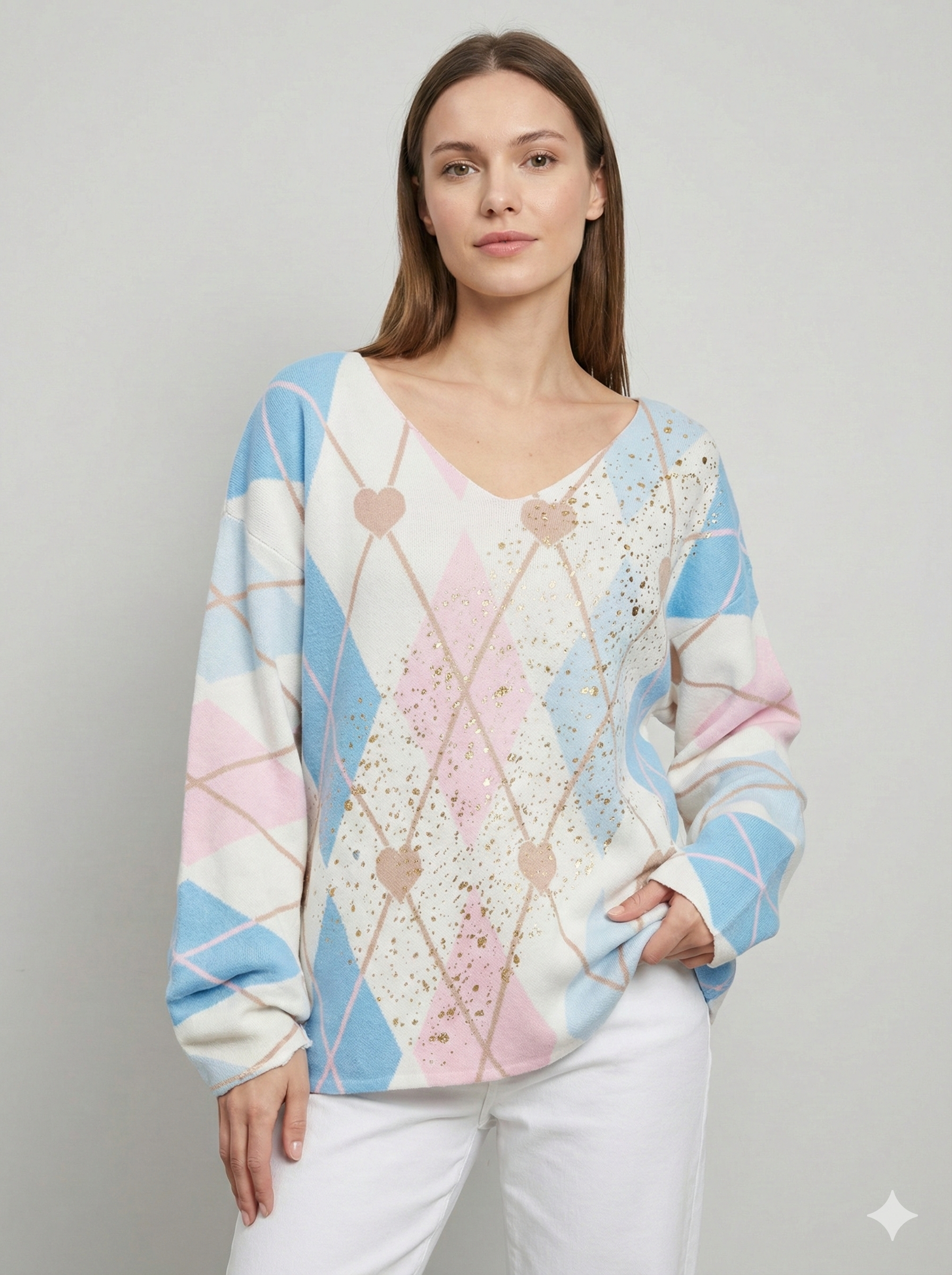 long sleeves v-neck spring sweater Square Print sy6021