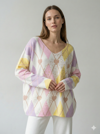 long sleeves v-neck spring sweater Square Print sy6021
