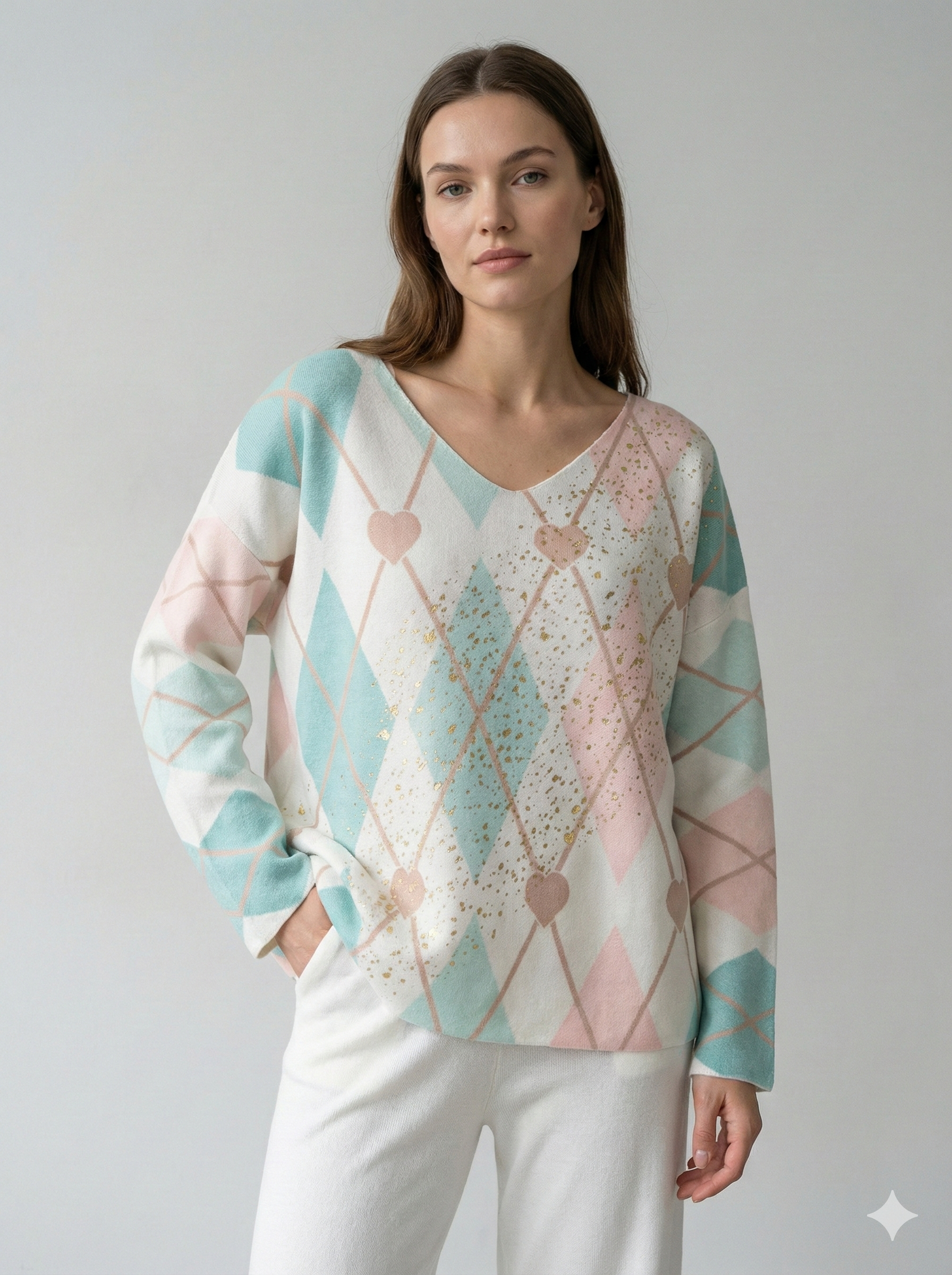 long sleeves v-neck spring sweater Square Print sy6021