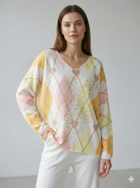 long sleeves v-neck spring sweater Square Print sy6021